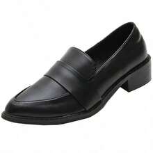 4厘米粗跟女士乐福鞋，黑色PU皮革亮面办公工作休闲一脚蹬鞋 - 磨砂黑 - 查看 9