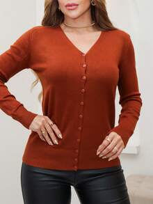 Women's Long-Sleeved Knit Blouse With Buttons, Lightweight Winter Cardigan, 3RD SD2071 - 駝色 - 查看 2
