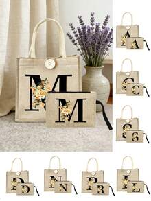 Un ensemble de sacs fourre-tout en lin avec imprimé floral et lettres de l'alphabet, cadeau personnalisé pour la fête des mères. Comprend 1 grand sac fourre-tout et 1 petit pochon. Sac fourre-tout en lin jaune avec anses noires et fermeture à pression. Convient pour les mariages, anniversaires, plages, vacances - cadeau parfait pour les femmes, mères, enseignantes, amies, demoiselles d'honneur, étudiantes, rentrée scolaire - Kaki - Voir 1