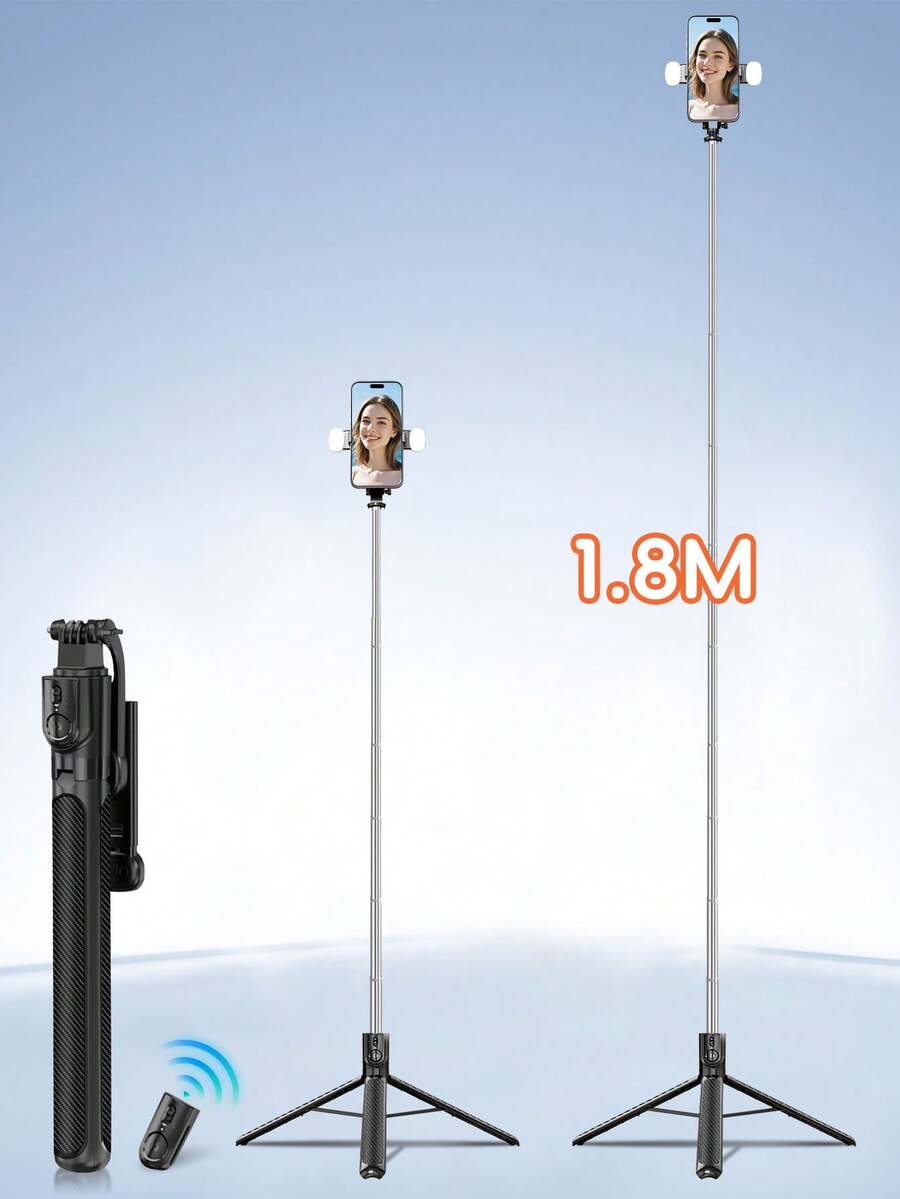 大尺寸手机摄影配件三脚架带补光灯，1.8米蓝牙遥控自拍杆，带LED补光灯，可调节，360°旋转，防抖，可折叠三脚架手持/桌面自拍杆，兼容 17/16/15/14/13/12/11/Xs/Xr/Max/Pro/E/X Plus。情侣摄影好帮手，妇女节、生日、周年纪念、婚礼派对等庆祝活动的理想礼物。