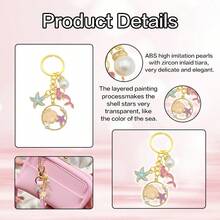 15 piezas/5 sets Llaveros con tema oceánico de estrellas de mar y sirena con perlas, incluye 5 llaveros, 5 tarjetas de agradecimiento y 5 bolsas de organza. Excelente para decorar mochilas, autos y suministros para fiestas DIY. - Multicolor - Ver 2