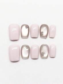10pcs Pure Handmade Press On Nails Short Nails Square Nails Pink Nails Gentle High-End Style Light Pink Solid Color With Transparent Cat Eye Glitter Diamond Embellishments Minimalist Cute Exquisite Press-On Nails For Women And Girl,Spring Summer Fall Winter Festivals Party And Dailys Life Use - Pink - View 1