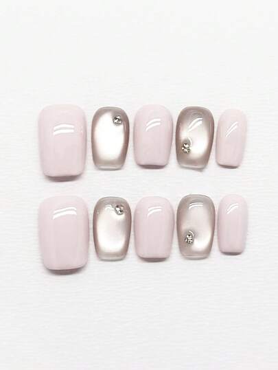 10pcs Pure Handmade Press On Nails Short Nails Square Nails Pink Nails Gentle High-End Style Light Pink Solid Color With Transparent Cat Eye Glitter Diamond Embellishments Minimalist Cute Exquisite Press-On Nails For Women And Girl,Spring Summer Fall Winter Festivals Party And Dailys Life Use