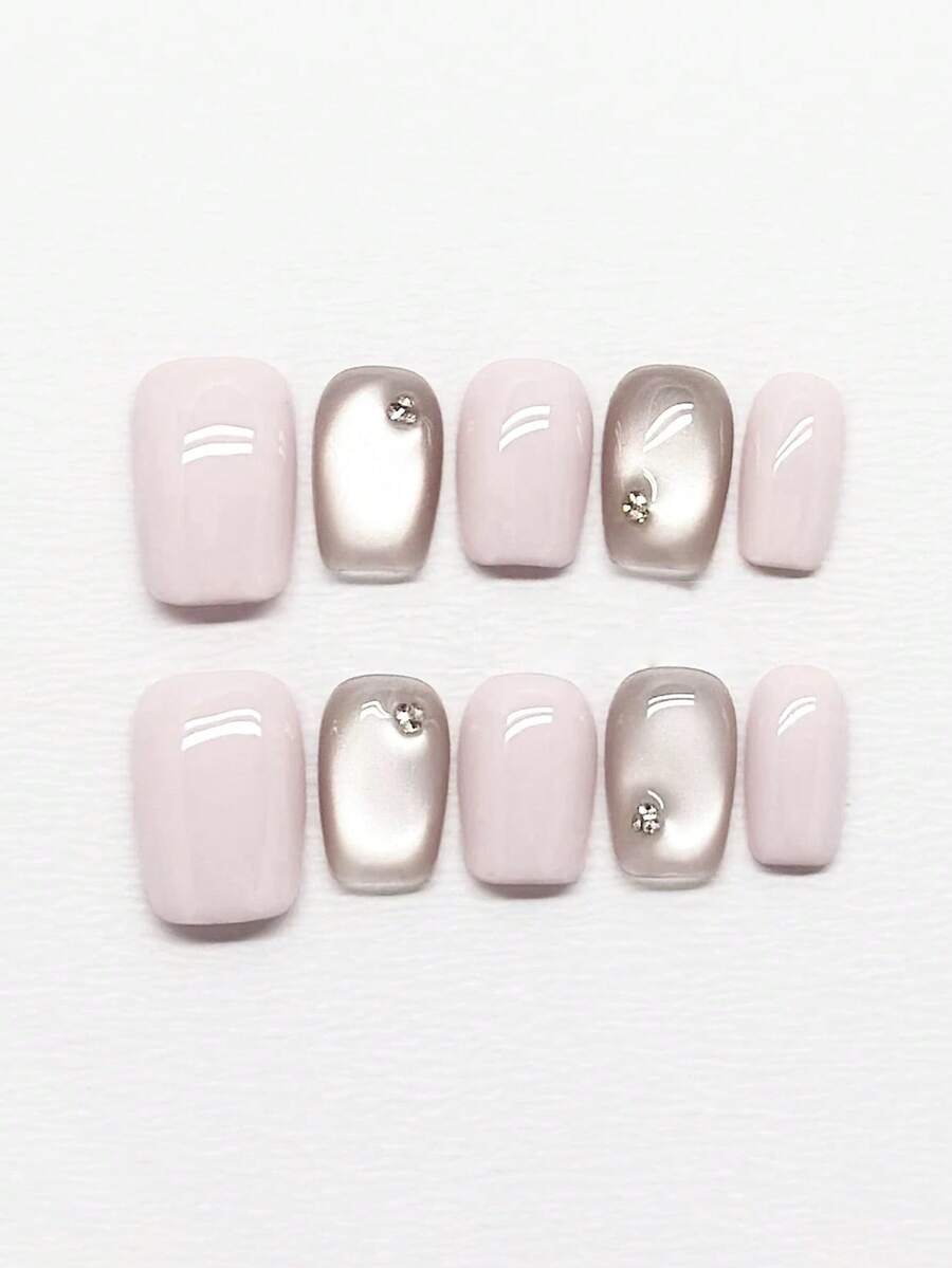 10pcs Pure Handmade Press On Nails Short Nails Square Nails Pink Nails Gentle High-End Style Light Pink Solid Color With Transparent Cat Eye Glitter Diamond Embellishments Minimalist Cute Exquisite Press-On Nails For Women And Girl,Spring Summer Fall Winter Festivals Party And Dailys Life Use - Pink - View 1