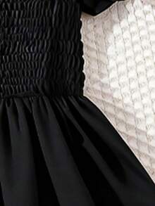 Đầm đen tay ngắn cho bé gái, 4-8 tuổi, cổ vuông xếp ly, kiểu công chúa Pháp, mùa hè. - màu đen - Xem 5