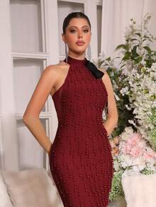 Modphy New Elegant Women's Long Dress, Luxury Pearl Design, Bodycon Maxi Dress, Stand Collar Sleeveless Black Bow Design, Back Slit Pencil Skirt, Bridesmaid Dress, Evening Party, Holiday, Birthday Party Dress, Maxi Dress - Burgundy - View 3