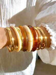 8-4件套复古优雅硬币风格女士手链套装，简约混合金属和树脂手链叠戴，Y2K风格珠宝配饰，适合日常、派对、节日、情人节、母亲节、生日礼物 - 彩色 - 查看 2