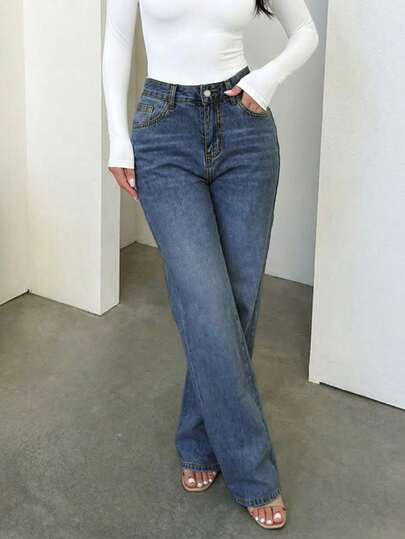 Women's Vintage Casual Elastic Waist Loose Straight Leg Jeans Spring
