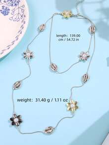 1pc Elegant High-End Unique Retro Fashionable Personalized Faux Pearl Flower Shell Beaded Long Necklace, Versatile For Daily Wear And Festive Occasions