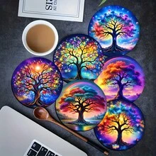 6pcs Life Tree Pattern Coaster Set, Tea Cup Mats, Water Cup Mats, Wine Glass Mats, Coffee Cup Mats, Round Absorbent Silica Gel Coasters, Home Decor, Party & Tableware Gift Set, Suitable For All Seasons - Multicolor - View 12