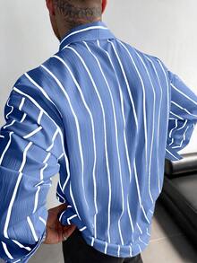GloMan 男士经典黑白条纹长袖衬衫，亚麻质感休闲办公通勤衬衫，四季皆宜的经典款式，圣诞节新年礼物，母亲节礼物 - 藍白色 - 查看 7