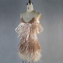 Women's Sleeveless Pink Fringe Feather Party Mini Skirt, Spaghetti Strap Neckline, Fashionable And Dazzling, Perfect For Night Out Elegant - Champagne - View 4