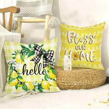 Spring And Summer Lemon Pillowcases 16x16inchs/18x18inchs/20x20inchs, 4-Piece Set, Hello Sunshine Farmhouse Truck Yellow Plaid Cushion Covers, Home Sofa Pillow Covers - Yellow - View 6