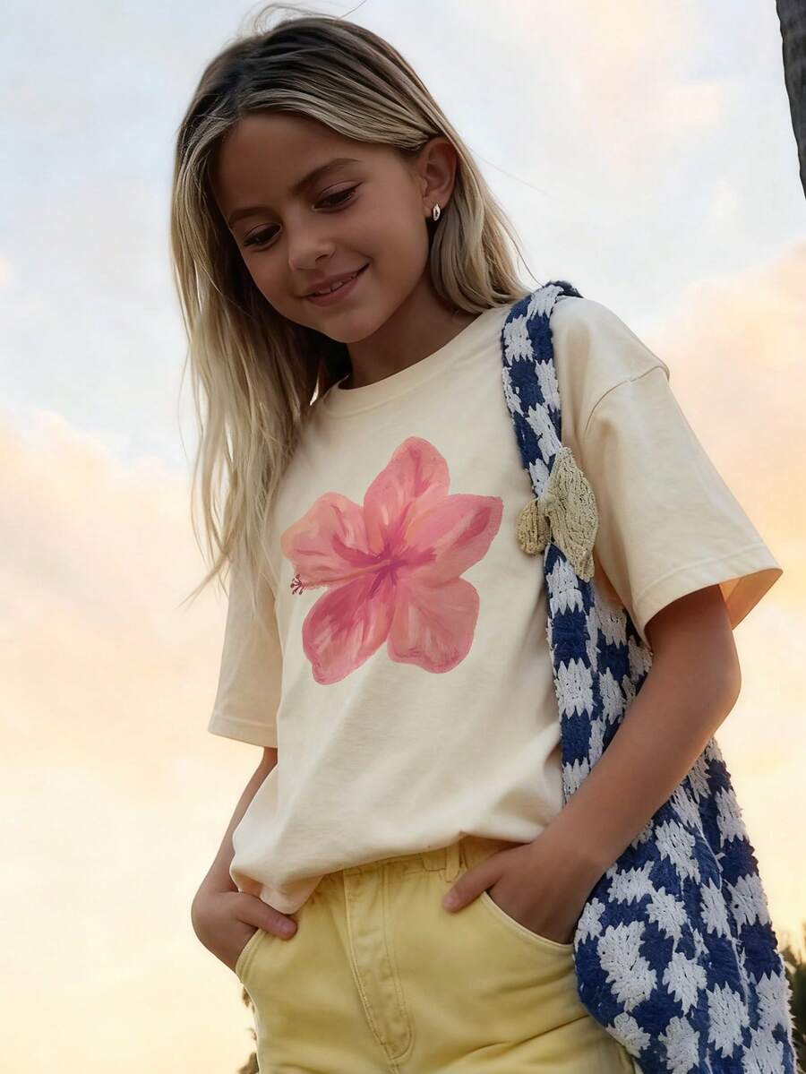 1pc Girls Casual Printed Round Neck Short Sleeve T-Shirt, Summer Student Young Apparel - Artistic Style T-Shirt Inspires Imagination And Self-Expression - Apricot - View 1