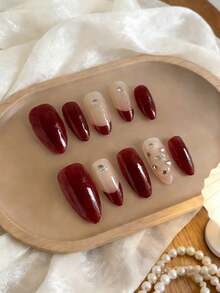 10pcs Valentine's Day Red French Style Short Coffin Nails, Handmade Elegant Red French Manicure With Random Shiny Rhinestones, Removable Nail Art Decals, Ballet Nail Design To Make Fingers Look Slender And Fashionable - Multicolor - View 2