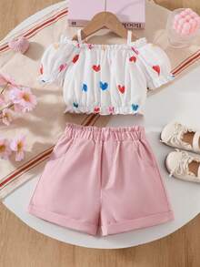 2件套 女童吊带泡泡袖爱心图案上衣 + 卡通印花短裤，春夏款 - 白色 - 查看 1