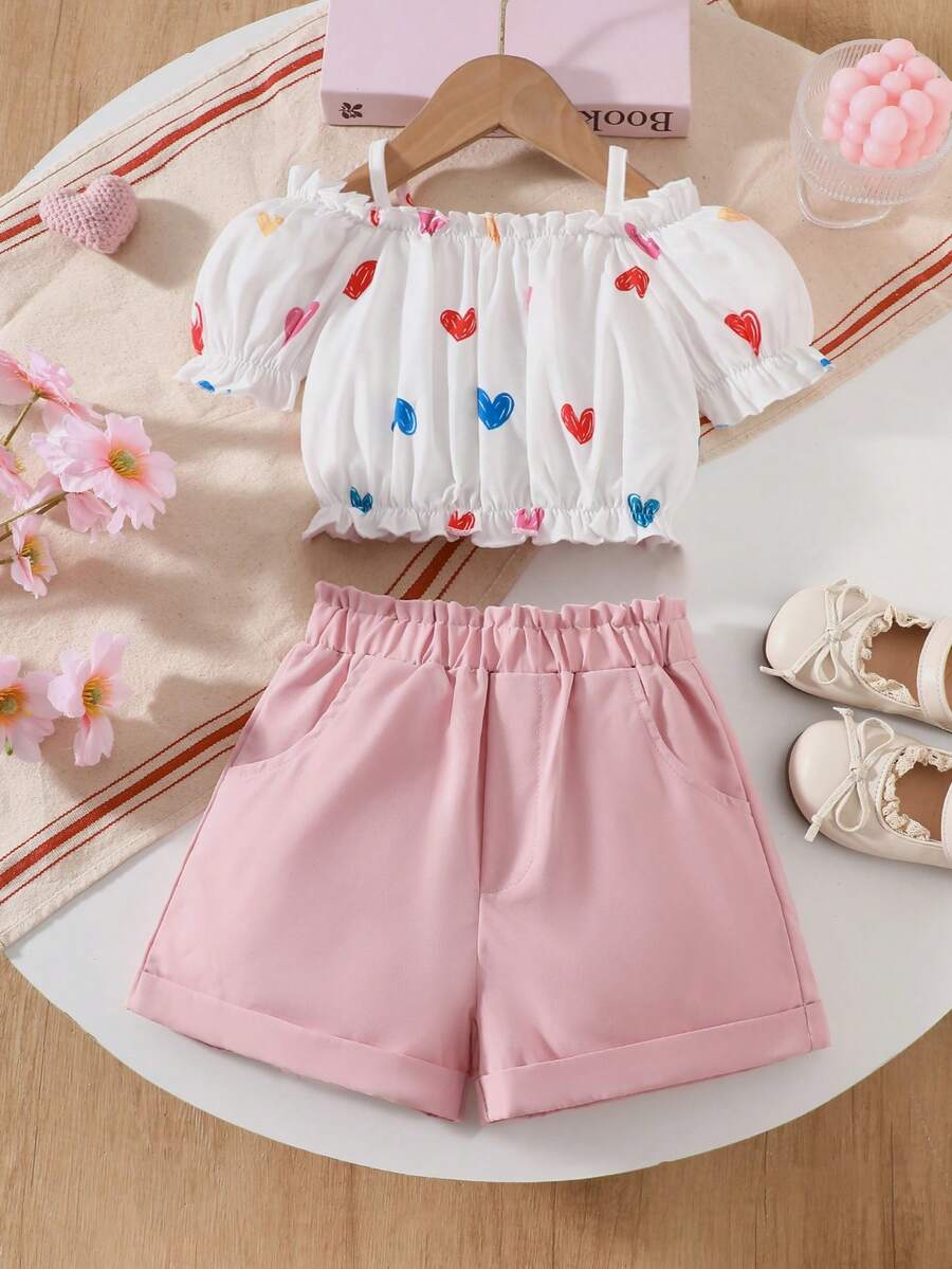 2件套 女童吊带泡泡袖爱心图案上衣 + 卡通印花短裤，春夏款 - 白色 - 查看 1
