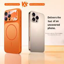 1pc Luxury Orange Glass Lens Protection Magnetic Wireless Charging Phone Case, Suitable For IPhone 17 Air 16 15 14 13 Pro Max Plus, Soft Silicone Back Cover - Orange - View 6