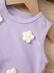 2pcs/Set Girls 3-7Y Sleeveless Top & Shorts Set, 3D Flower & Tassel Decor, Waffle Knit, Sweet Summer Outfit - Lilac Purple - View 6