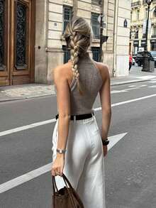 Women's Sleeveless Ribbed Knit Halter Neck Top, Made Of Knit Fabric With Medium Stretch, Suitable For Everyday Wear - Khaki - View 8