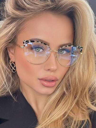1 par de gafas de mujer con montura de metal de pata delgada, estampado de leopardo, parche dorado, forma de ojo de gato y patas de primavera personalizadas