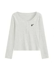 American Raglan Long Sleeve T-Shirt For Women, Minimalist Design, Layering Crop Top, Spring/Autumn - Grey - View 5