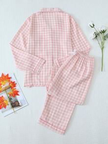 2pcs Plaid Print Pajama Set, Sweet & Cute Lapel Button Long Sleeve Top And Pants, Women Sleepwear & Loungewear For Home Use - Pink - View 2