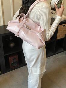 1个女士大容量手提包，PU皮革单肩包，休闲经典简约设计师商务风格包，时尚女士通勤包，黑色、白色、棕色、银色 - 粉色 - 查看 3