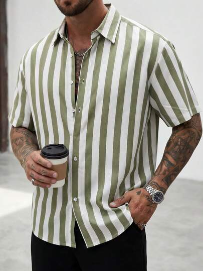 男士修身条纹衬衫，灰绿白条纹上衣，简约时尚短袖衬衫，精致清爽，适合夏季穿着