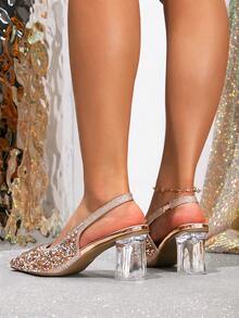 女士尖头水钻装饰透明水晶鞋跟舒适套脚凉鞋,优雅舞鞋,适合婚礼、派对、情人节等场合 - 香檳色 - 查看 7