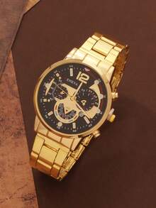 4pcs/Set Minimalist Business Men's Quartz Watch Set, Men's Gold-Tone Accessory Set (Includes Gold-Tone Alloy Dial Watch With Black Chronograph Dial, Cross Necklace, Chain Bracelet, And Cross Gold Ring). Featuring An All-Gold Tone With Black Chronograph Dial - Gold - View 5