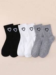 6 Pairs Heart Pattern Socks For Women, College Style Sports Socks, Autumn/Winter Mid-Calf Socks, Black & White - Multicolor - View 5