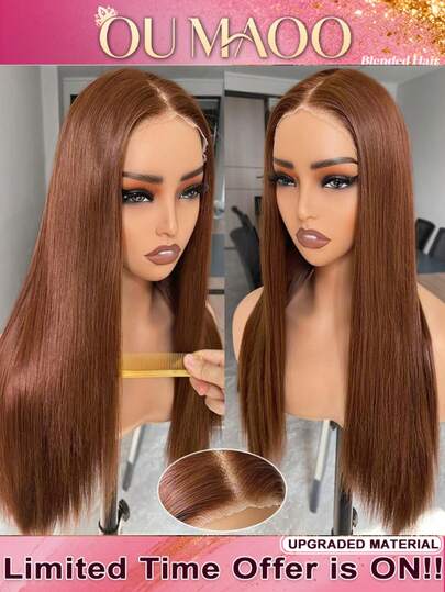 13x6 13x4 HD Clear Frontal Human Blended Hair Straight Wig 34 Inches - 200% High Density Pre-Trimmed Glue-Free Seamless Wig, Women's Brown Straight Frontal Mesh, No Glue Required For Wear