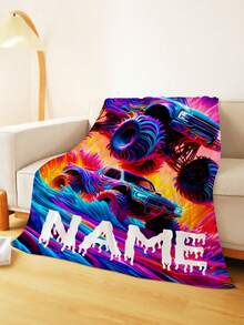 1pc Customized Monster Truck Blanket - Vivid Painting Design, Lightweight And Soft Polyester, Customized Bedding, Suitable For Sofa, Chair, Travel, Camping, Living Room Or Office - Warm All Year Round, Office Chair Cover | Vivid Parabola | Customizable Text, Travel Blanket - Style 1 - View 3