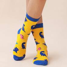 3 Pairs Men's Dinosaur Pattern Mid-Calf Socks, Cute & Adorable, Fashionable - Yellow - View 5