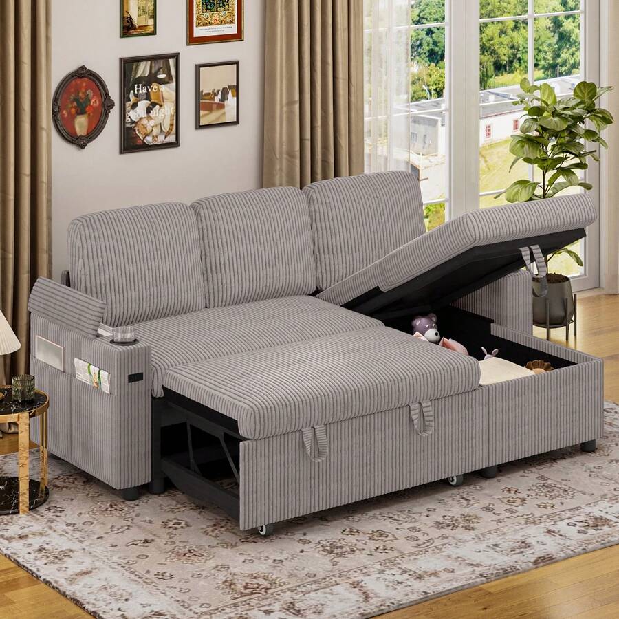 Corner Sofa Bed, L-Shaped Sleeper Sectional Couch Bed, 3-In-1 Corduroy Convertible Pull Out Sofa Bed With Adjustable Backrest, Storage And Cup Holder For Living Room, Grey - 3人位L形燈芯絨銀灰色 - 查看 1