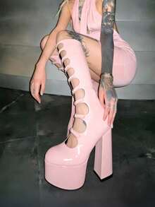 Goth Y2K Platform Knee High Boots For Woman Sexy Hollow Out Buckle Chunky Heels Side Zipper Women's Boots Lolita Dancing Party Shoes - 粉色 - 查看 8