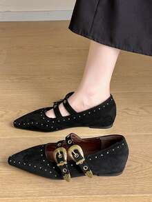 2026 New Black Versatile Color Block Pointed Toe Chunky Heel Pumps, Korean Version Metal Buckle Mid-Heel Mary Jane Shoes For Women - Black - View 5