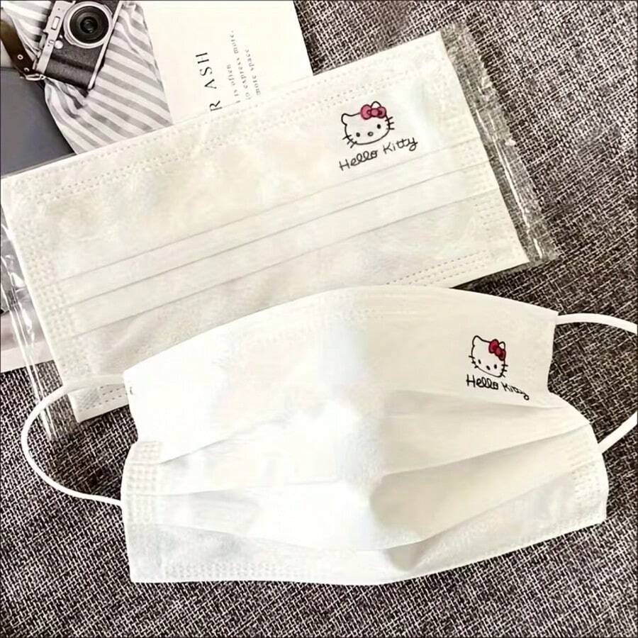 50个装一次性卡通印花三层无纺布透气舒适时尚口罩，白色装饰口罩（女士款）