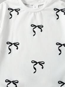 2件套女童休闲蝴蝶结印花落肩短袖上衣和松紧腰短裤套装，春夏款 - 白色 - 查看 6