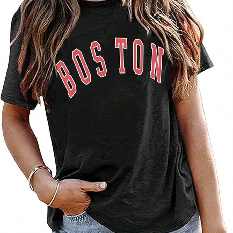 Avanova Womens Graphic Letter Print Short Sleeve T-Shirts Crewneck Casual Summer Cute Tees Tops - Black - View 1
