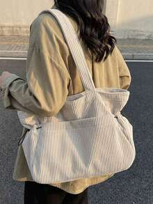 1pc Corduroy Tote Bag For Women, Large Capacity, 2026 New Autumn/Winter Versatile Casual Shoulder Bag, Suitable For College Students - Beige - View 3
