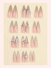 24片长杏仁形亮片美甲贴片，彩色3D水钻装饰，时尚Y2K优雅风格，表面光滑，全覆盖假指甲，适合女性和女孩日常佩戴的美甲用品 - 彩色 - 查看 2