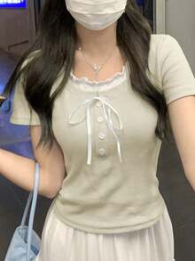 新款修身對比色 2 合 1 甜美短袖 T-shirt 上衣 休閒夏季款 - 杏色 - 查看 4