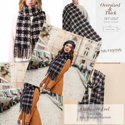 Trifabricy Winter Scarfs For Women Long Blanket Scarf Fashion Soft Taseel Plaid Scarf Chunky Oversized Shawls And Wraps