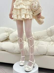 洛丽塔风格透明过膝长袜，系带设计，可爱又性感，夏季款 - 彩色 - 查看 3