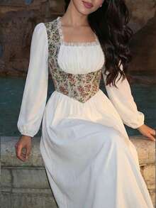 女士白色飘逸中长连衣裙 | 长袖方领花卉刺绣棉质连衣裙，适合约会和活动 - 白色 - 查看 5