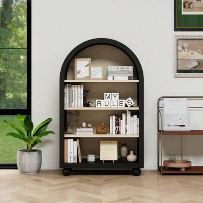 Black Shelf With Arched Design, 120 Cm High, Four Tiers With Ample Storage Space, Modern Design, Suitable For The Living Room, Bedroom, Study And Office. (70.5x30x116cm)