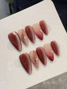 10pcs Pure Handmade Press On Nails Long Nails Almond Nails Pink Nails Gentle And High-End Style Brown-Pink Gradient Smudge Hand-Painted Line Glitter Embellished Minimalist Elegant Press-On Nails For Women And Girl,Spring Summer Fall Winter Festivals Party And Dailys Life Use - Multicolor - View 1