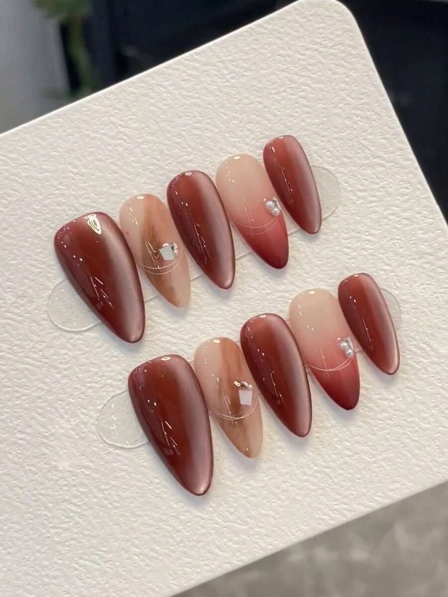 10pcs Pure Handmade Press On Nails Long Nails Almond Nails Pink Nails Gentle And High-End Style Brown-Pink Gradient Smudge Hand-Painted Line Glitter Embellished Minimalist Elegant Press-On Nails For Women And Girl,Spring Summer Fall Winter Festivals Party And Dailys Life Use - Multicolor - View 1